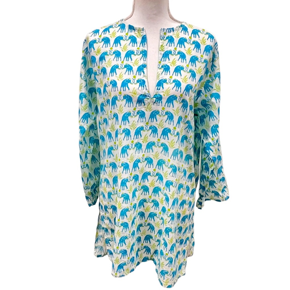 Barbara Gerwit Resort Wear Stylized Elephant Print Split Neck Tunic